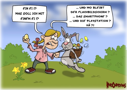 Cartoon: Ein Ei !? (medium) by karicartoons tagged eier,erziehung,gier,hase,kind,kinder,maßlosigkeit,mädchen,ostereier,osterhase,ostern,smartphone,unerfüllt,unzufrieden,unzufriedenheit,wünsche,wunsch,kommerz,fest,eier,erziehung,gier,hase,kind,kinder,maßlosigkeit,mädchen,ostereier,osterhase,ostern,smartphone