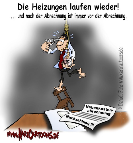 Cartoon: Nachzahlung (medium) by karicartoons tagged schwarzer,humor,karikatur,cartoon,selbstmord,suizid,heizkosten,heizung,öl,wohnung,mietwohnung,miete,warmmiete,nebenkostenabrechnung,nebenkosten,abrechnung,rechnung,nachzahlung