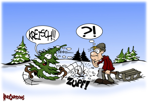 Cartoon: Oh Tannenbaum (medium) by karicartoons tagged adventszeit,advent,weihnachten,winter,weihnachtszeit,weihnachtsbaum,tannenbaum,tanne,schnee,schlitten,nordmanntanne,flucht,flüchten,fichte,fällen,baum,axt,angst
