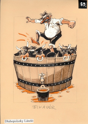 Cartoon: Bikaver wine (medium) by Dluho tagged wine,harvest,wein,trinken,getränk,alkohol,stier,tier,tiere,stampfen,herstellung,bikaver,tradition,kultur