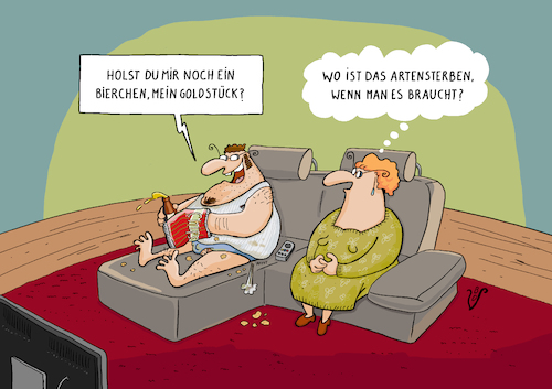 Cartoon: Artensterben (medium) by Dodenhoff Cartoons tagged ehe,frust,maennerklischee,bier,langebeziehungen,umweltschutz,klimawandel,alkohol,birgitdodenhoff,cartoons,ehe,frust,maennerklischee,bier,langebeziehungen,umweltschutz,klimawandel,alkohol,birgitdodenhoff,cartoons