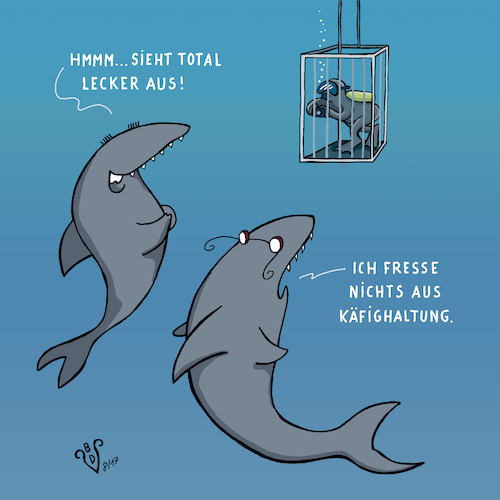 Cartoon: Ethische Ernährung (medium) by Dodenhoff Cartoons tagged käfighaltung,käfigtauchen,haie,tiefseetauchen,weißerhai,unterwasserwelt,lebensraummeer