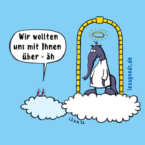 Cartoon: lexatoon Ameisenbärgott (medium) by lexatoons tagged lexatoon,ameisenbärgott,zeugen,jehovas,himmel,gott,himmelspforte,lexatoon,ameisenbärgott,zeugen,jehovas,himmel,gott,himmelspforte