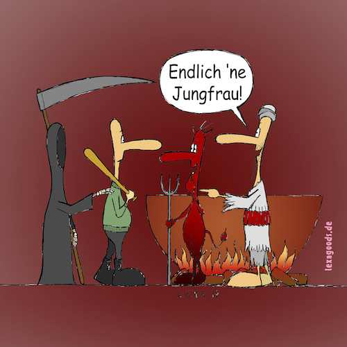 Cartoon: lexatoon Eine Jungfrau (medium) by lexatoons tagged lexatoon,endlich,ne,jungfrau,extremisten,nazi,hölle,teufel,kessel,feuer,dschihadist,lexatoon,endlich,ne,jungfrau,extremisten,nazi,hölle,teufel,kessel,feuer,dschihadist