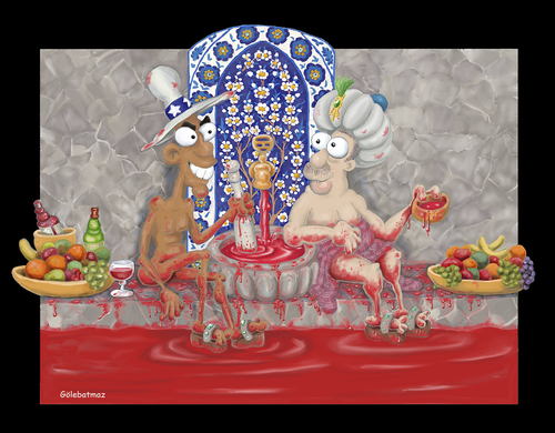 Cartoon: Turkish Bath (medium) by Gölebatmaz tagged iraq,war,syria,erdogan,obama,akp,peace,blood