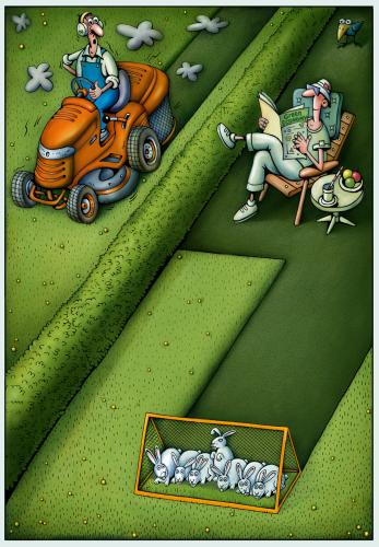 Cartoon: green ekonomy (medium) by kurtu tagged kurtu,illustration,illustrationen,garten,gartenarbeit,wohnen,haus,zaun,gartenzaun,freizeit,entspannung,entspannen,gärtner,nachbarschaft,nachbarn,neid,eifersucht,luxus,hasen