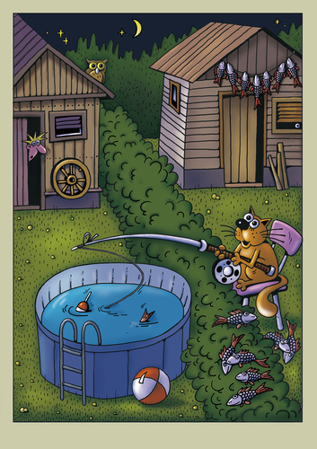 Cartoon: Nächtliche Fischer (medium) by kurtu tagged kater,katze,fischen,angeln,garten,nacht,fische,kater,katze,fischen,angeln,garten,nacht,fische