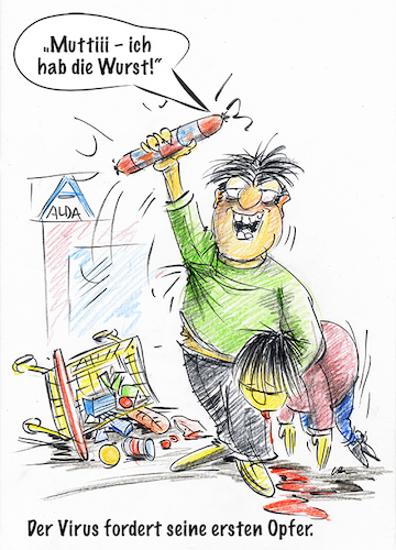 Cartoon: Der Virus schlägt zu (medium) by kugel2020 tagged corona,virus,hamsterkäufe,panik,brd