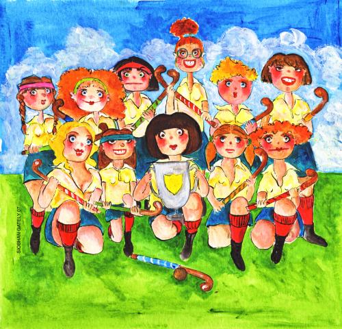 Cartoon: girls hockey team (medium) by siobhan gately tagged girls,women,sport,hockey,illustration,sport,frau,frauen,hockey,mannschaft,team,preis,pokal,gewinner,gewinn,gruppenfoto,gruppe,stolz,erfolg,portrait,foto
