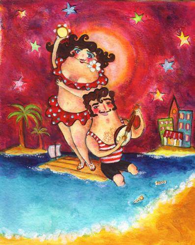 Cartoon: on a coconut island (medium) by siobhan gately tagged sea,music,island,love,couple,night,romantic,illustration,mann,frau,beziehung,partnerschaft,urlaub,meer,see,ferien,ausland,reise,reisen,tourismus,touristen,romantik,tanz,tanzen,musik,idylle,dorf