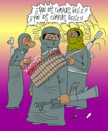 Cartoon: CUMPLEANOS (medium) by Mario Almaraz tagged personas,armadas,geburtstag,glückwünsche,glückwunsch,kerzen,terrorist,religion,selbstmörder,sprengstoff,terroranschlag,terroristen,terroristische gruppierung,tod,terror,terrorismus,afghanistan,ayatollah,al qaida,allah,attentat,drohung,bombenanschlag,dschihad,fanatiker,fanatismus,hisbollah,ideologie,irakkrieg,islam,islamisierung,islamist,islamkritik,israel,koran,meinungsfreiheit,nahostkonflikt,nahost,muslim,radikalismus,verschleiert,terroristische,gruppierung,al,qaida