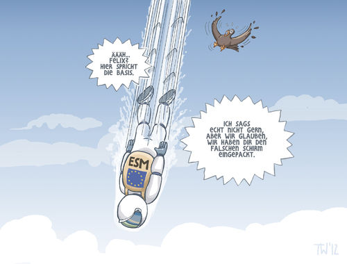 Cartoon: Freier Fall (medium) by Tobias Wieland tagged felix,baumgartner,rekordsprung,stratosphäre,esm,rettungsschirm,fallschirm,eu,europa,schallmauer,freier,fall,felix,baumgartner,rekordsprung,stratosphäre,esm,rettungsschirm,fallschirm,eu,europa,schallmauer,freier,fall