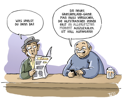 Cartoon: Griechen-App (medium) by Tobias Wieland tagged schulden,europa,eu,juncker,lagarde,iwf,tranche,krise,euro,griechenland,finanzminister,schäuble,athen,ezb,karikatur,rettung,app,game,phone,smartphone,griechenland,euro,krise,tranche,iwf,lagarde,juncker,eu,europa,schulden,finanzminister,schäuble,athen,ezb,karikatur,rettung,app,game,phone,smartphone