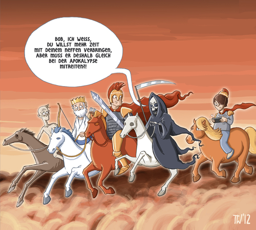 Cartoon: Irgendwann ist auch mal Schluß! (medium) by Tobias Wieland tagged apokalytptische,apokalypse,reiter,der,offenbarung,altes,testament,horsemen,welt,weltuntergang,armageddon,apokalytptische,apokalypse,reiter,der,offenbarung,altes,testament,horsemen,welt,weltuntergang,armageddon