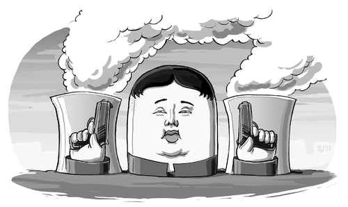 Cartoon: Nordkorea (medium) by Tobias Wieland tagged kim,jong,un,nordkorea,korea,atom,yongbyon,reaktor,uran,konflikt,usa,kalter,krieg,drohung,waffen,china