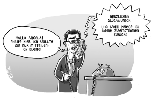 Cartoon: Rösler bleibt (medium) by Tobias Wieland tagged niedersachsen,hannover,wahl,rösler,philipp,zweitstimme,cdu,fdp,grünen,spd,mcallister,weil,landtag,parteitag,lindner