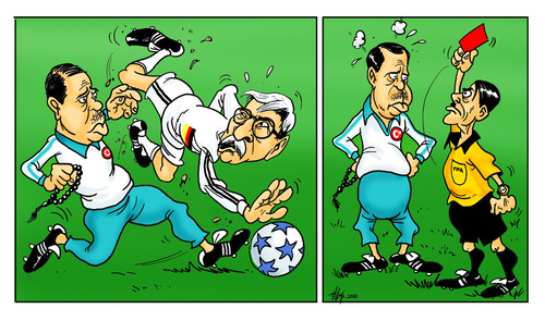 Cartoon: Turkey - Germany football match (medium) by Hilmi Simsek tagged turkey,germany,soccer,football,tayyip,erdogan,sarrazin,adolf,hitler