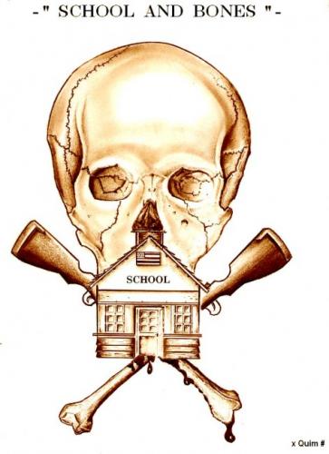 Cartoon: SCHOOL AND BONES (medium) by QUIM tagged school,bones,massacre,usa,,illustration,schule,schüler,bildung,knochen,skelett,totenkopf,kopf,überreste,tod,sterben,waffen,kriminalität,blut,massaker,usa,amerika,mord,verbrechen,verbrecher,kriminelle,schütze,scharfschütze,gewalt,töten,jugendliche,jugend,tragödie,schrecken,terror,kinder,erziehung,gesellschaft