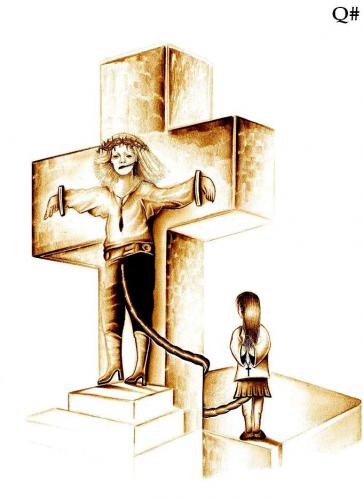 Cartoon: THE TWO FACES OF THE CROSS (medium) by QUIM tagged false,madonna,pray,provocative,daughter,the,madonna,religion,konservativ,bibel,mutter,jesus,kreuz,kreuzigung,predigt,beten,gebet,kirche,christentum,provokativ,tochter,sohn,prediger,papst,stigmata