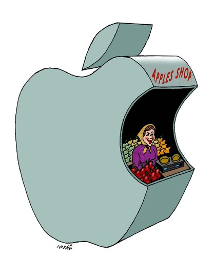 Cartoon: apples shop (medium) by Medi Belortaja tagged ipad,computers,computer,shop,apples,apple,iphone,food,diet,technology,environment,health,gmo
