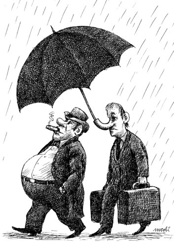Cartoon: boss and servant (medium) by Medi Belortaja tagged boss,servant,rich,poor,poverty,umbrella,rain,nose,capitalism