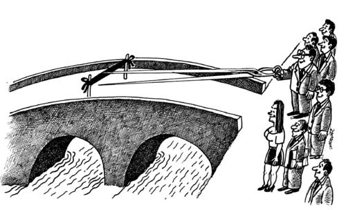 Cartoon: inauguration (medium) by Medi Belortaja tagged inauguration,bridge,peoples,fear
