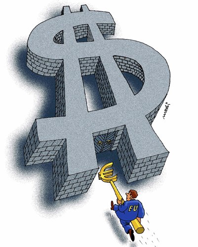 Cartoon: euro and usd (medium) by Medi Belortaja tagged opening,gate,dollar,euro
