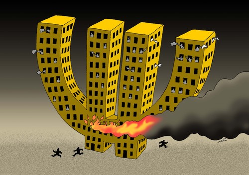 Cartoon: euro on fire (medium) by Medi Belortaja tagged euro,fire,building,peoples,financial,crisis,economy,europe