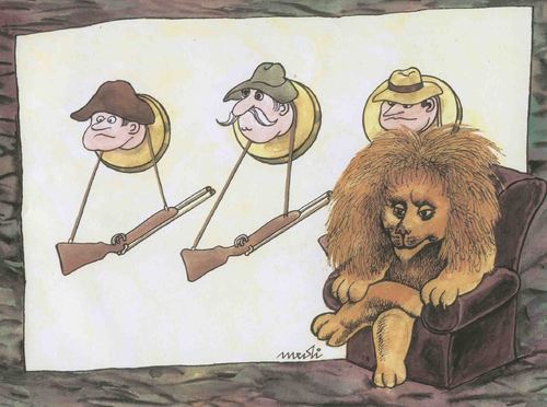 Cartoon: lion trophies (medium) by Medi Belortaja tagged huntress,trophies,lion,heads,humor