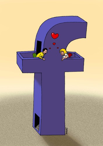 Cartoon: love on fb (medium) by Medi Belortaja tagged man,day,valentines,heart,facebook,fb,digital,network,social,lovers,love,woman,boy,girl