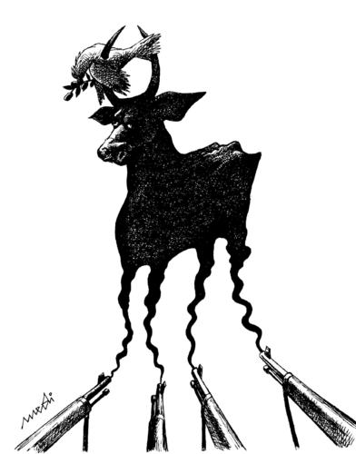 Cartoon: mad bull of the war (medium) by Medi Belortaja tagged gun,weapons,colombo,peace,pigeon,dove,war,bull,mad,conflict