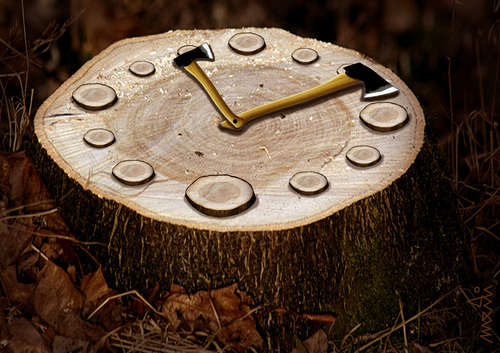 Cartoon: natural clock (medium) by Medi Belortaja tagged ecology,environment,forest,axes,ax,trees,cut,tree,timber,skid,clock,natural