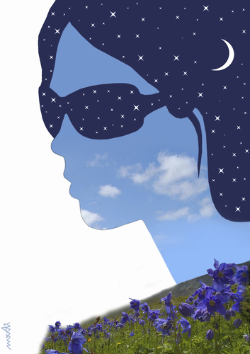 Cartoon: spring s night glasses (medium) by Medi Belortaja tagged moon,girl,women,woman,face,sky,glasses,night,stars,spring,flowers