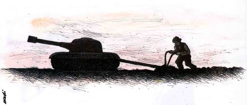 Cartoon: plowing with tank (medium) by Medi Belortaja tagged peace,war,tank,farmer,plowing