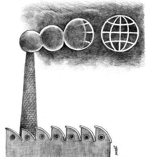 Cartoon: pollution and globe (medium) by Medi Belortaja tagged environment,ecology,chimney,factory,smoke,globe,eath,world,pollution