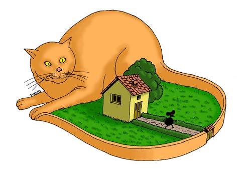 Cartoon: protectorat (medium) by Medi Belortaja tagged protectorat,cat,mouse,home,house