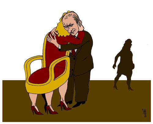 Cartoon: Putins true love (medium) by Medi Belortaja tagged russia,chief,president,divorce,husband,wife,ludmilla,power,chair,lovers,love,hug,putin