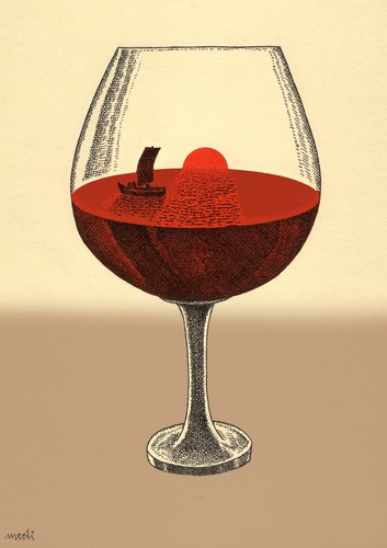 Cartoon: romantic glass (medium) by Medi Belortaja tagged landscape,ship,alcohol,wine,red,glass,romantic,sunshine