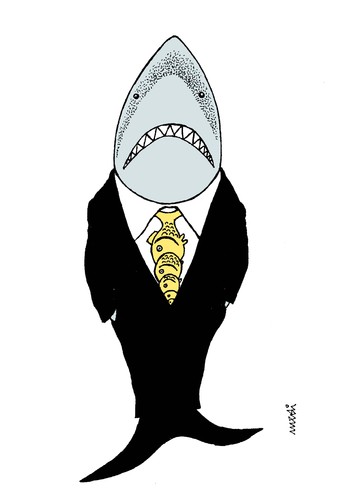 Cartoon: sharkman (medium) by Medi Belortaja tagged boss,dictator,head,leader,politicians,cravate,capitalism,fishes,fish,man,shark,hierarchy
