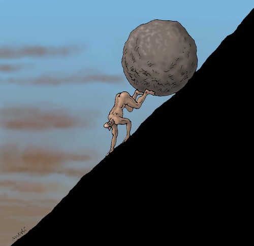 Cartoon: sisyphus (medium) by Medi Belortaja tagged stone,boulder,man,push,sisyphus