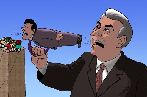 Cartoon: speech (medium) by Medi Belortaja tagged head,politics,politicians,elections,microphone,speaker,servants,servant,speech,spokesman