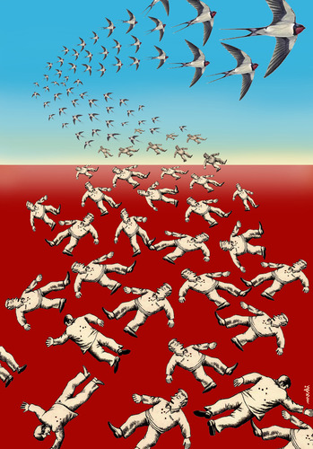 Cartoon: terns of freedom (medium) by Medi Belortaja tagged martyrs,martyr,spring,arab,dictatorship,dictators,dictator,terns,swallow,birds,revolt,protest,democracy,freedom