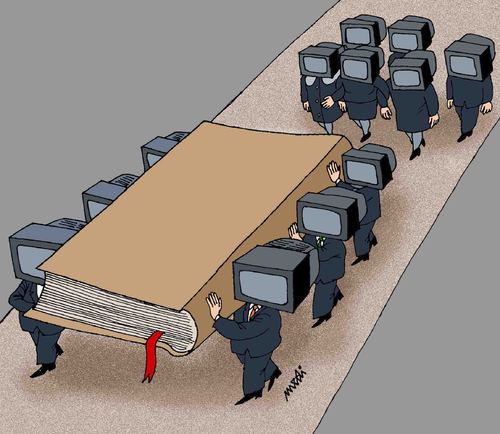 Cartoon: death of the book (medium) by Medi Belortaja tagged coffin,funeral,tv,computers,digital,dead,book