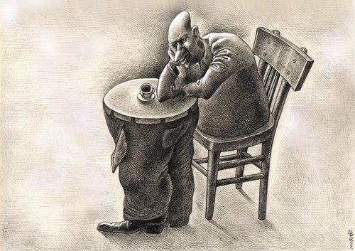 Cartoon: thinker (medium) by Medi Belortaja tagged man,coffee,crisis,foot,financial,poverty,poor,sadness,table,thought,think,thinker