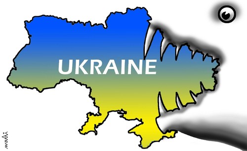 Cartoon: ukraine under threat (medium) by Medi Belortaja tagged teeth,beast,bear,yanukovych,eu,russia,revolt,putin,tymoshenko,protests,threat,ukraine,eating