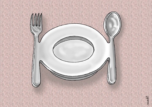 Cartoon: food shortage (medium) by Medi Belortaja tagged poverty,hungry,hunger,fork,spoon,plate,eating,shortage,food