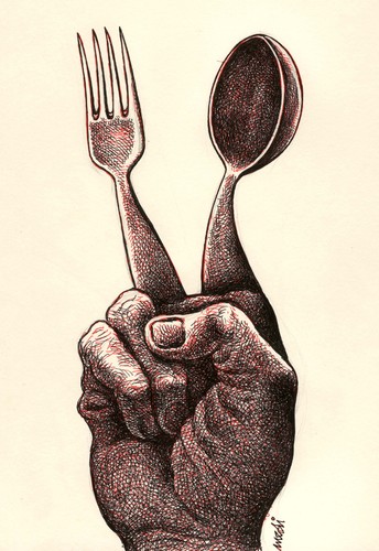 Cartoon: V (medium) by Medi Belortaja tagged food,hunger,hungry,poverty,poor,democracy,victory,freedom,fork,spoon