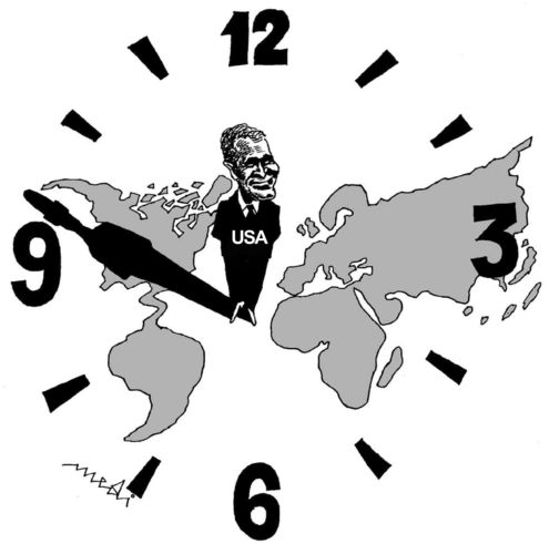 Cartoon: world time (medium) by Medi Belortaja tagged time,world,clock,continents,bush,usa