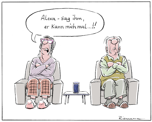 Cartoon: Alexa (medium) by Riemann tagged alexa,künstliche,intelligenz,roboter,beziehung,mann,frau,ehe,technik,vermittler,überforderung,sprachsteuerung,cartoon,george,riemann,alexa,künstliche,intelligenz,roboter,beziehung,mann,frau,ehe,technik,vermittler,überforderung,sprachsteuerung,cartoon,george,riemann