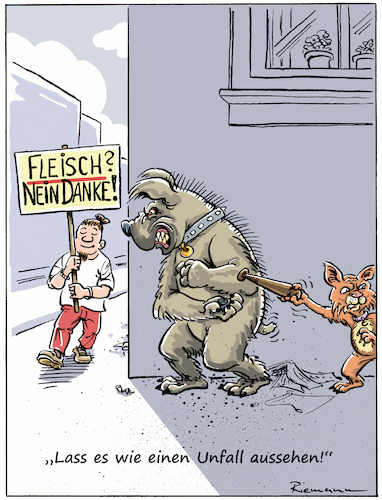 Cartoon: Karnivore (medium) by Riemann tagged vegetarier,vegan,fleisch,essen,ernährung,trend,hund,katze,unfall,überfall,cartoon,george,riemann,vegetarier,vegan,fleisch,essen,ernährung,trend,hund,katze,unfall,überfall,cartoon,george,riemann